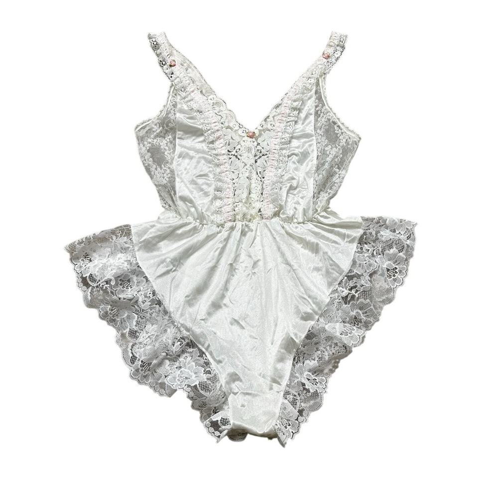 Vintage Tosca Teddy Lingerie White Nylon Pink Ruffle Lace Coquette Sexy Feminine
